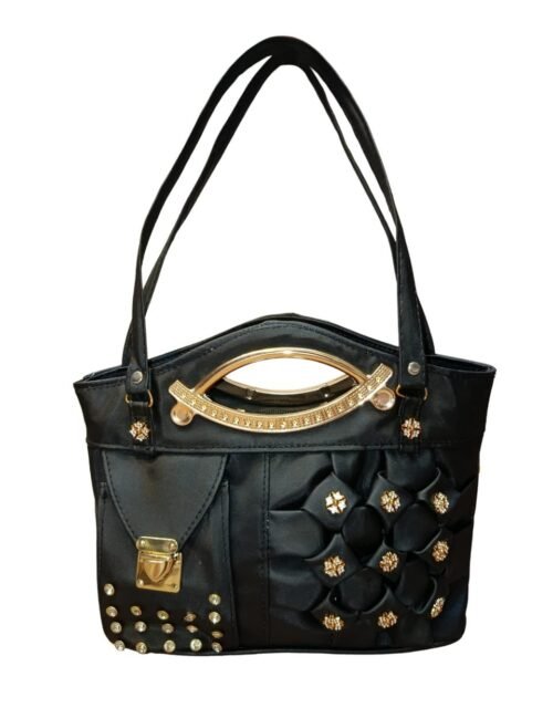Black Designer Handbag for Women – Stylish Shoulder & Hand Carry Bag with Golden Detailing