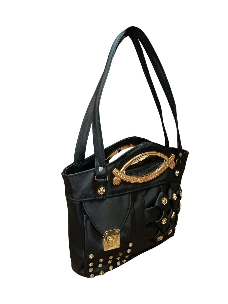 Black Designer Handbag for Women – Stylish Shoulder & Hand Carry Bag with Golden Detailing - Image 3