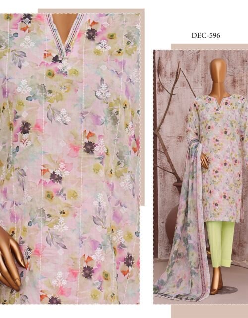 Dhagakari by HZ Textile - Cotton Thread Embroidered Lawn Unstitched 3 Piece Collection - DEC 596