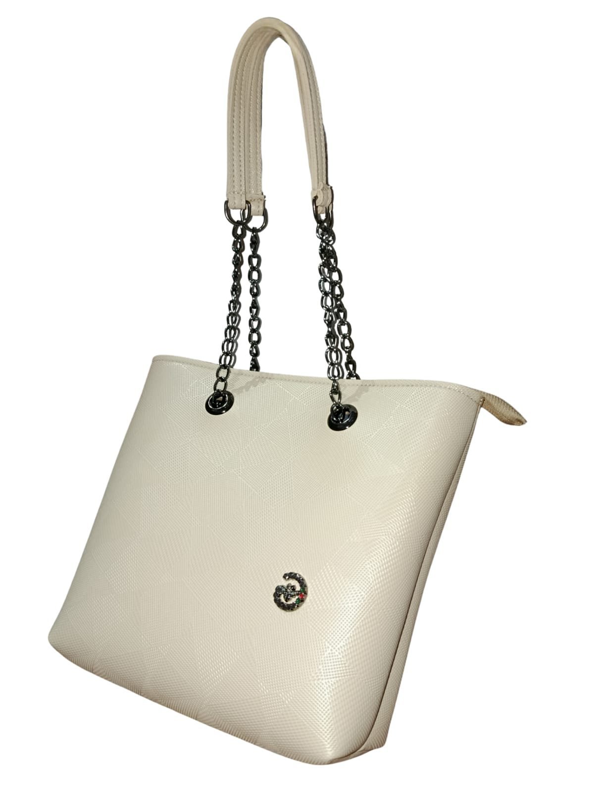 Trendy Cream Tote Bag for Women – Stylish Shoulder Handbag with Chain Straps - Image 4
