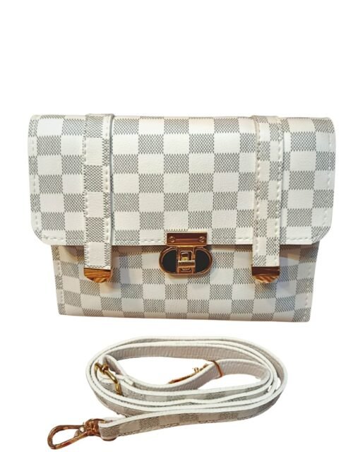 Checkered White Crossbody Bag for Women – 2 Compartment Shoulder Handbag with Gold Lock