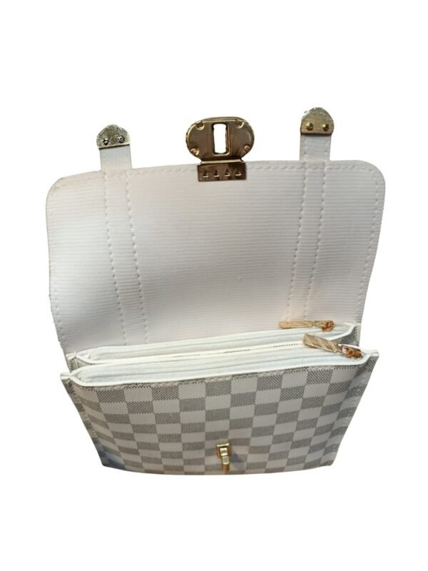 Checkered White Crossbody Bag for Women – 2 Compartment Shoulder Handbag with Gold Lock - Image 2