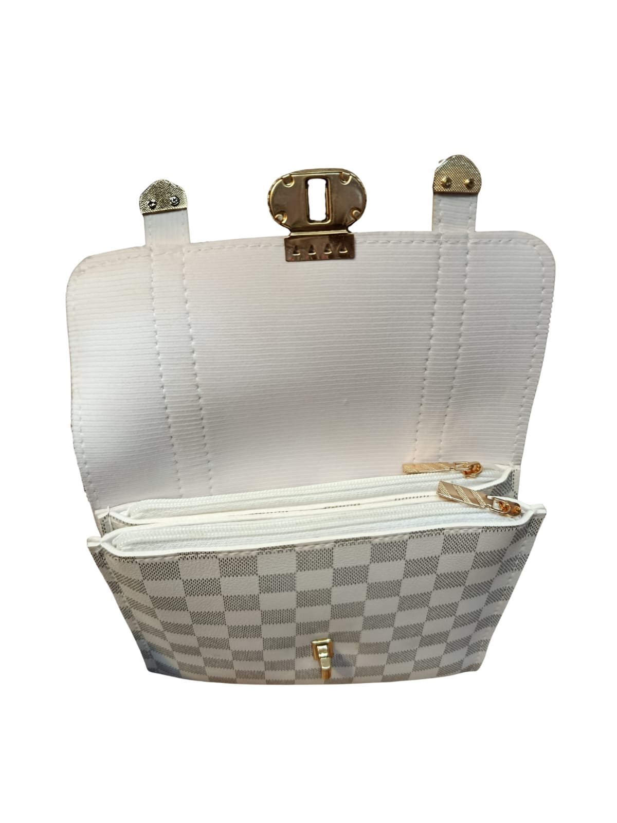 Checkered White Crossbody Bag for Women – 2 Compartment Shoulder Handbag with Gold Lock - Image 2