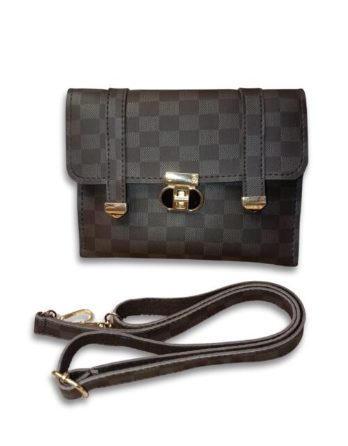 Checkered Brown Crossbody Bag for Women – 2 Compartment Shoulder Handbag with Gold Lock