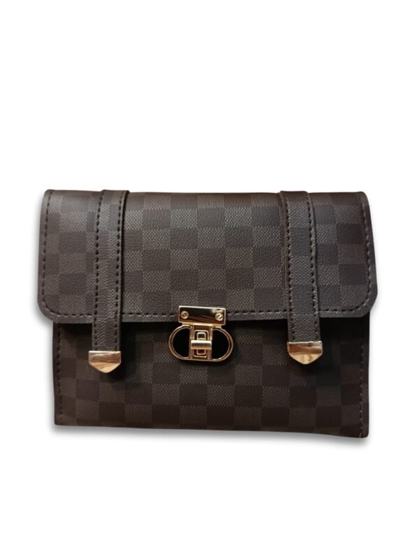 Checkered Brown Crossbody Bag for Women – 2 Compartment Shoulder Handbag with Gold Lock - Image 4