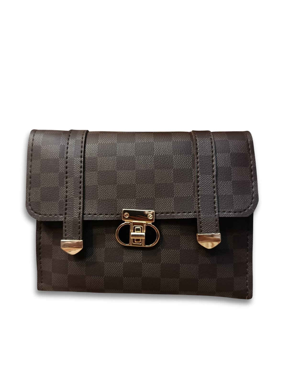 Checkered Brown Crossbody Bag for Women – 2 Compartment Shoulder Handbag with Gold Lock - Image 4