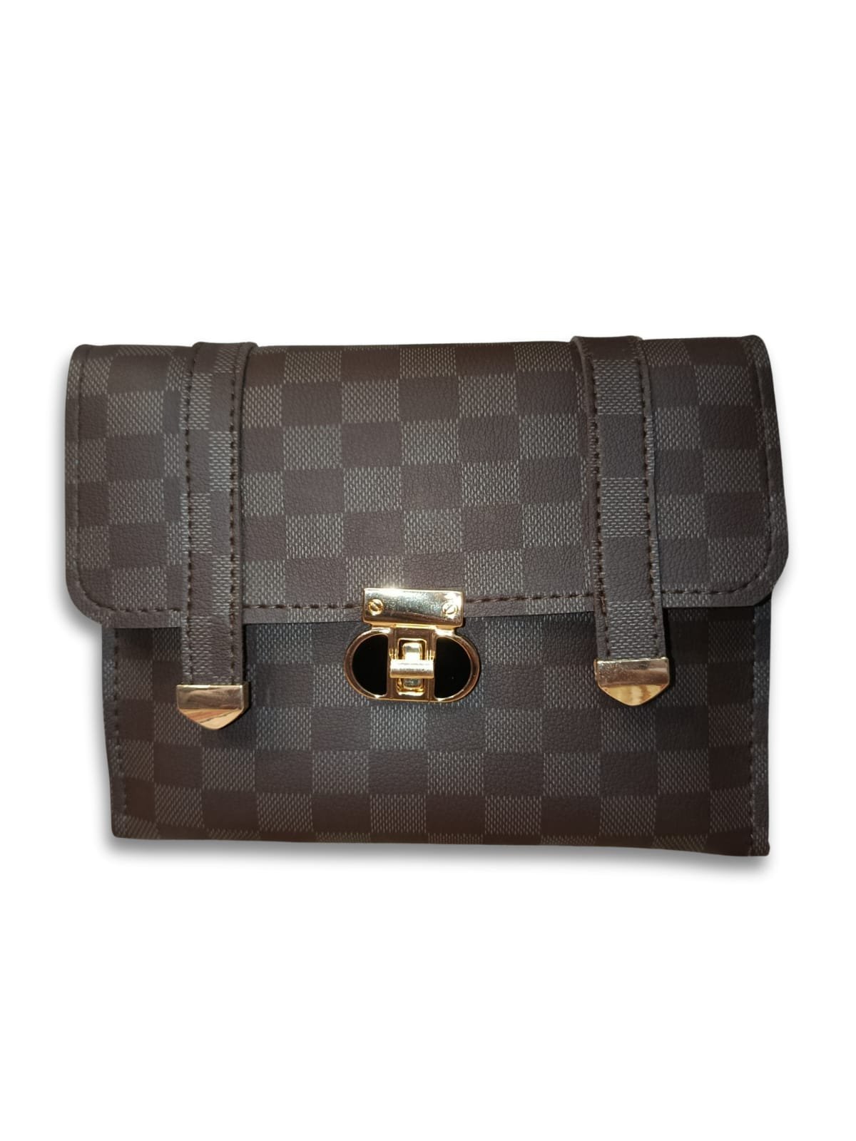 Checkered Brown Crossbody Bag for Women – 2 Compartment Shoulder Handbag with Gold Lock - Image 5