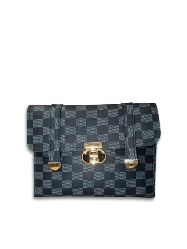 Checkered Grey Crossbody Bag for Women – 2 Compartment Shoulder Handbag with Gold Lock - Image 3