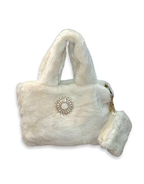 White Faux Fur Handbag for Women with Mini Pouch & Long Strap | Elegant Winter Soft Tote