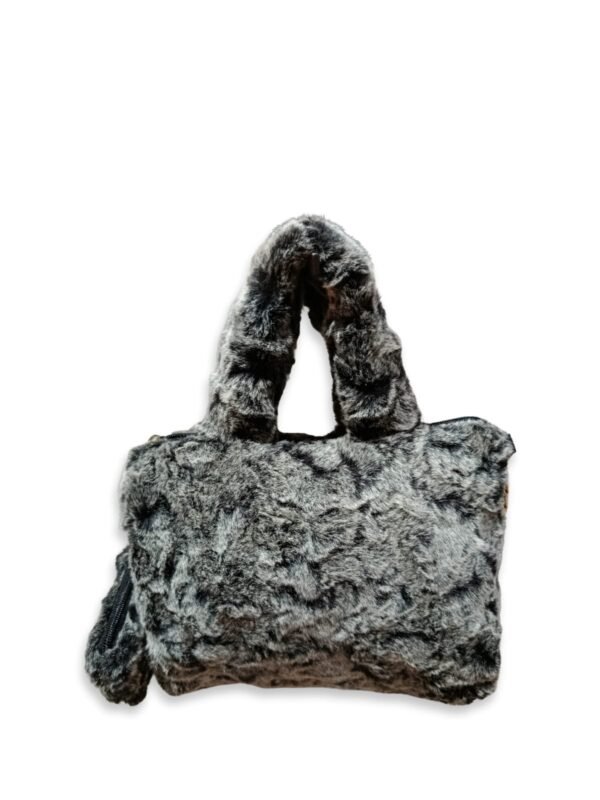 Grey Faux Fur Handbag for Women with Mini Pouch & Long Strap | Winter Soft Tote - Image 2