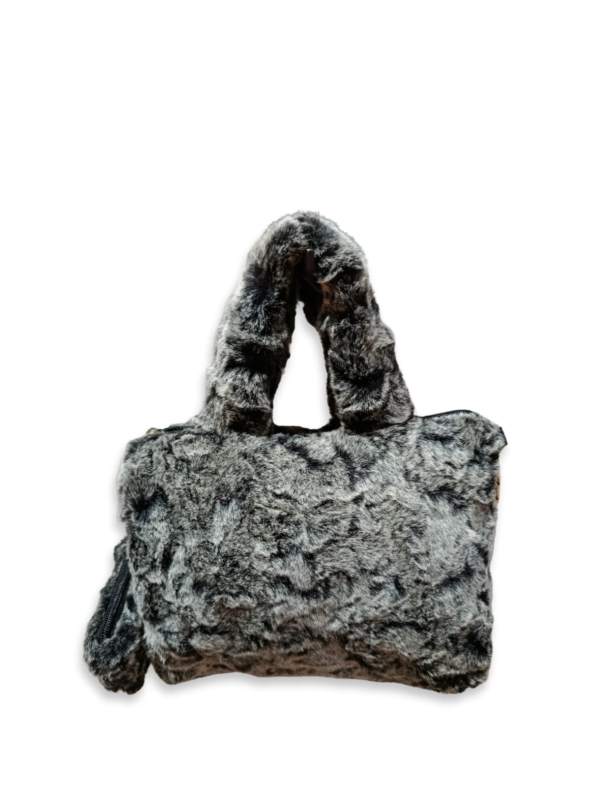 Grey Faux Fur Handbag for Women with Mini Pouch & Long Strap | Winter Soft Tote - Image 2