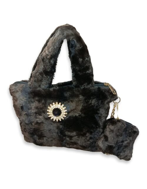 Brown Faux Fur Handbag for Women with Mini Pouch & Long Strap | Elegant Winter Soft Tote