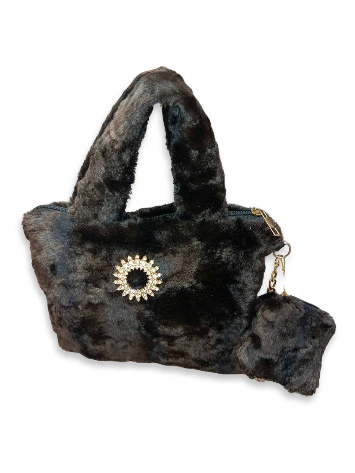 Brown Faux Fur Handbag for Women with Mini Pouch & Long Strap | Elegant Winter Soft Tote