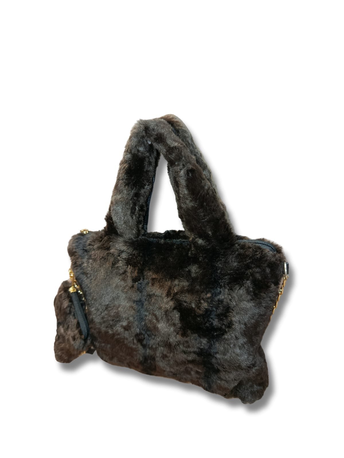 Brown Faux Fur Handbag for Women with Mini Pouch & Long Strap | Elegant Winter Soft Tote - Image 3