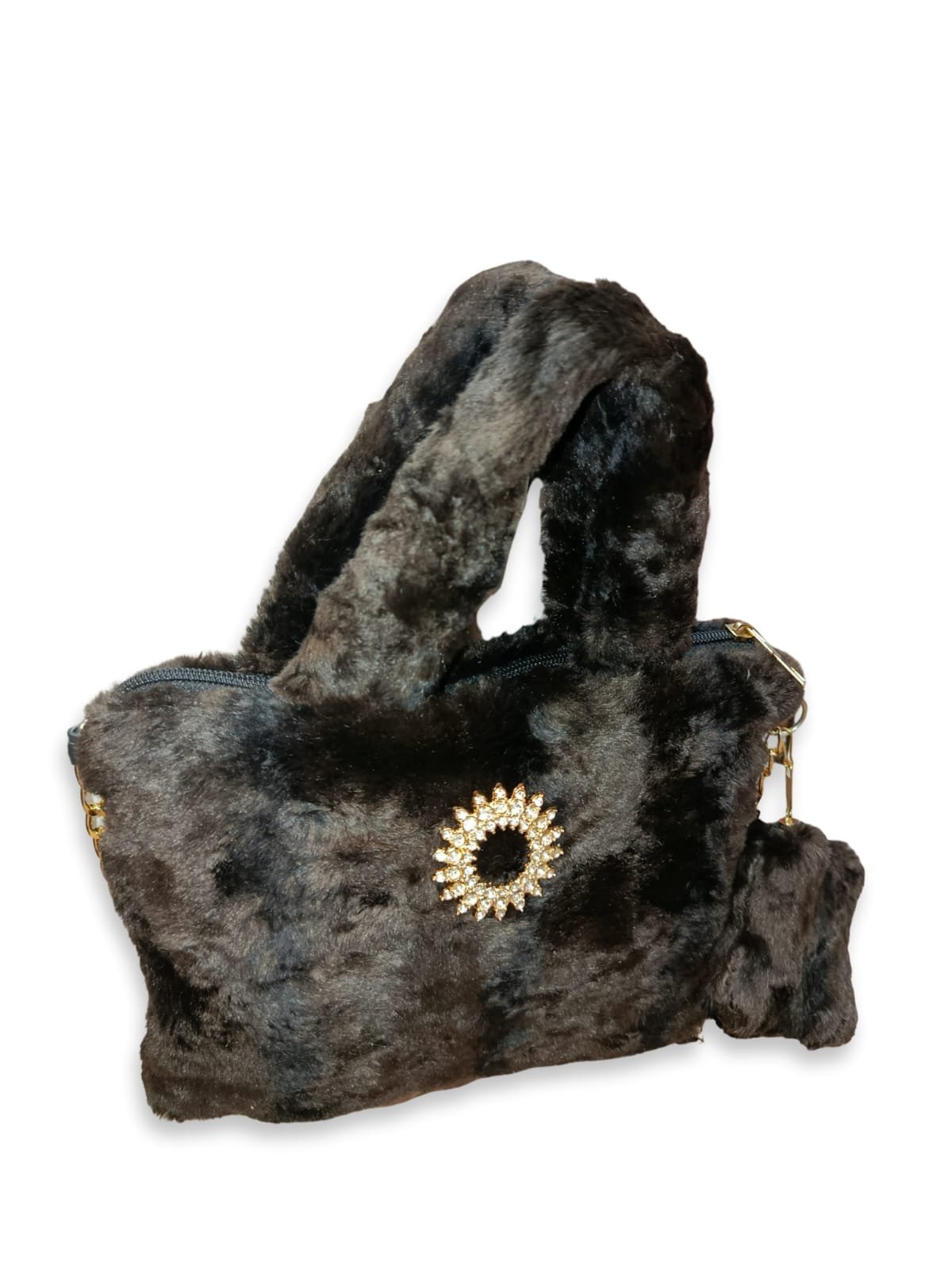 Brown Faux Fur Handbag for Women with Mini Pouch & Long Strap | Elegant Winter Soft Tote - Image 4