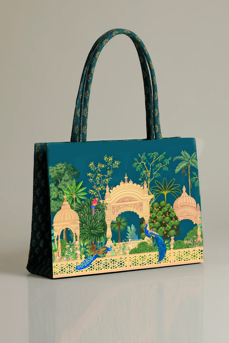Elegant Teal Green Mughal Garden Print- Trendy Printed Canvas Tote Bag – Stylish Everyday Carry Bag - Image 3