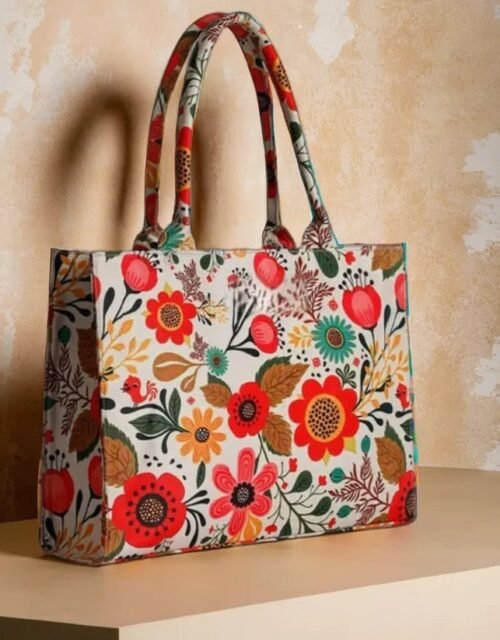 Bold White Multicolour Floral Pop Print- Trendy Printed Canvas Tote Bag – Stylish Everyday Carry Bag