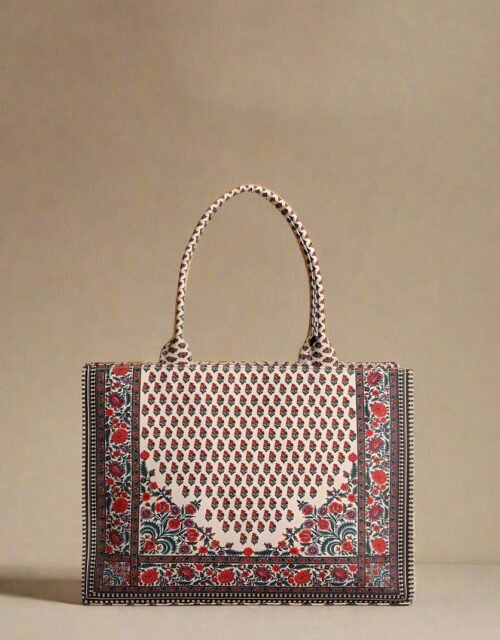 Classic Red & Beige Block Print Pattern- Trendy Printed Canvas Tote Bag – Stylish Everyday Carry Bag