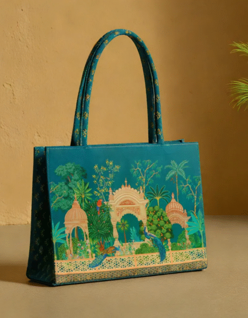 Elegant Teal Green Mughal Garden Print- Trendy Printed Canvas Tote Bag – Stylish Everyday Carry Bag