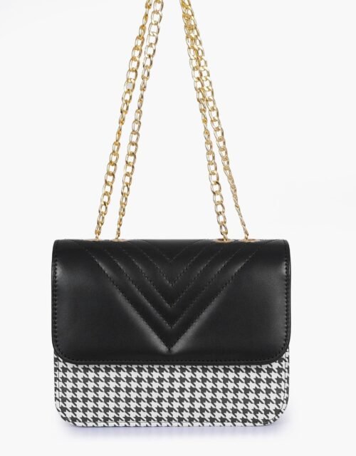 Chic Black Houndstooth Crossbody Bag with Gold Chain Strap for Women