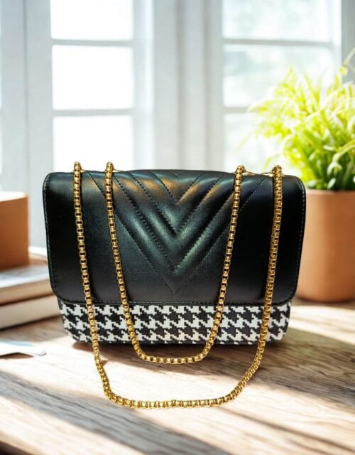 Chic Black Houndstooth Crossbody Bag with Gold Chain Strap for Women