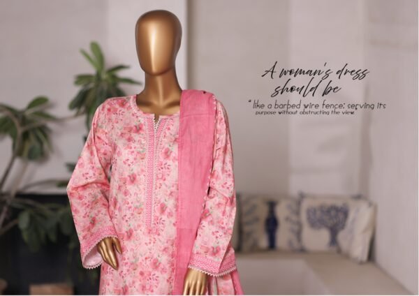 Bin Saeed Printed Cambric Stitched 3 Piece Suit Mid-Summer Collection - D07 - Image 4