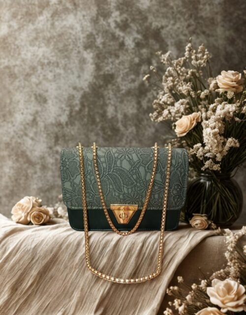 Elegant Green Lace-Textured Shoulder Bag with Golden Chain