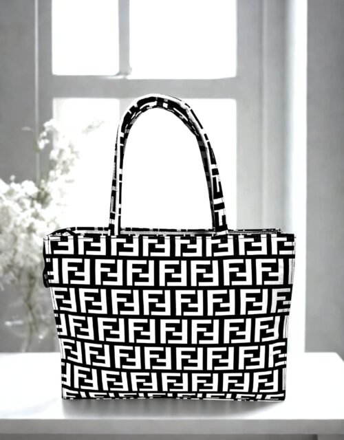 Black & White Monogram Print Tote Bag – Stylish Spacious Shoulder Bag for Daily Use