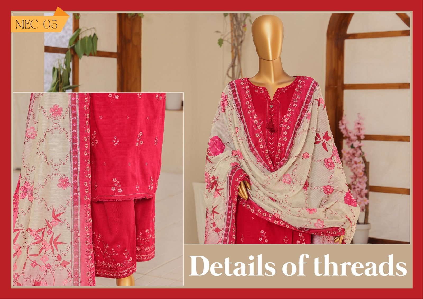 Mayaar Luxury Embroidered Un-Stitched 3 Piece Collection By HZ Textiles - MEC 05 - Image 3