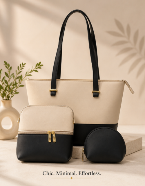 Elegant 3-Piece Women's Tote Bag Set – Premium Beige & Black Handbag with Pouch & Coin Purse