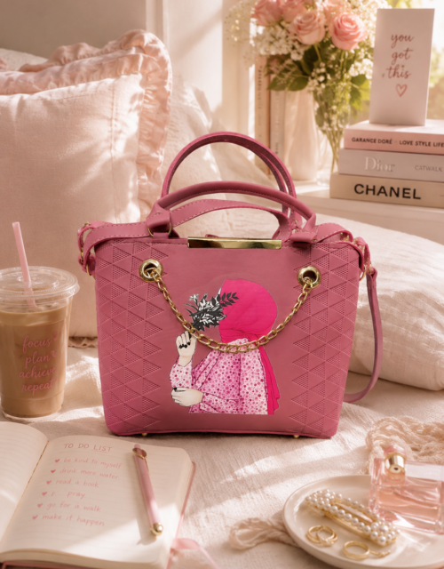Designer Hand Bag with Gold Chain & Shoulder Strap | Blush Pink