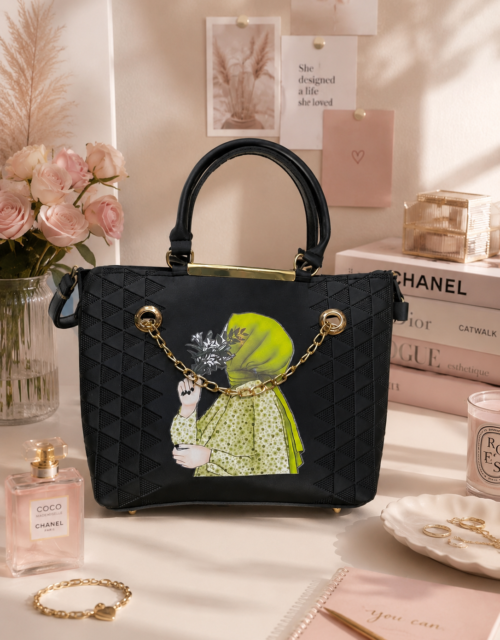 Elegant Printed Handbag With Gold Chain and Shoulder Strap for Women | Black