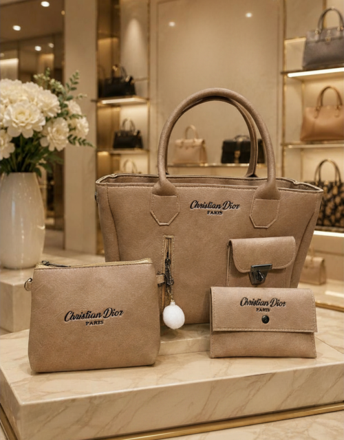 3 Pcs Premium Women's Hand Bag Set – Beige | Handbag, Pouch & Wallet