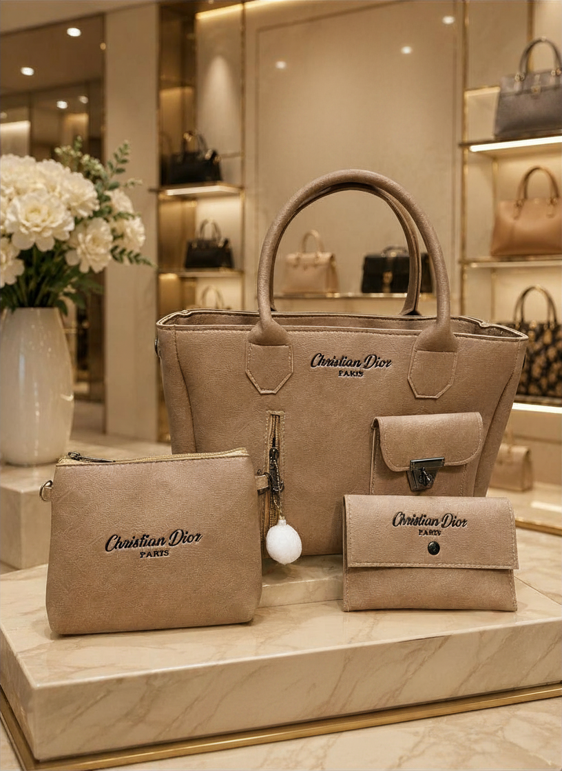 3 Pcs Premium Women's Hand Bag Set – Beige | Handbag, Pouch & Wallet