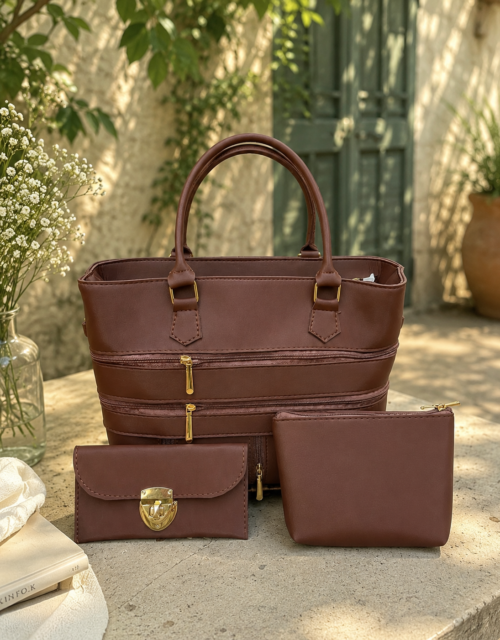 Elegant Brown 3-Piece Women's Handbag Set | Premium Hand Bag with Wallet & Pouch