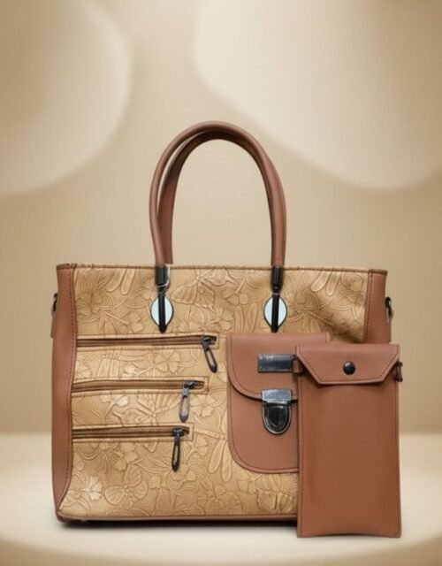 Elegant Floral Embossed Tan Hand Bag with Matching Pouch | Premium Women's Handbag