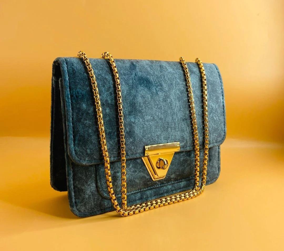 Celeste Blue Velvet Chain Shoulder Bag | Elegant Evening & Party Handbag