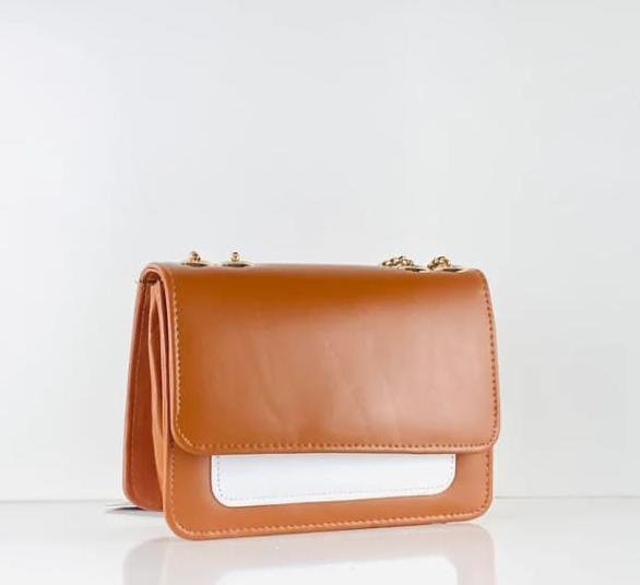 Brown & White Crossbody Bag with Gold Chain - Stylish Women's Everyday Bag