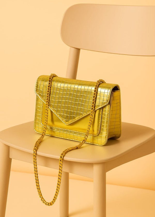 Aurora Gold Croc-Textured Chain Shoulder Bag | Elegant Evening & Party Clutch - Image 3