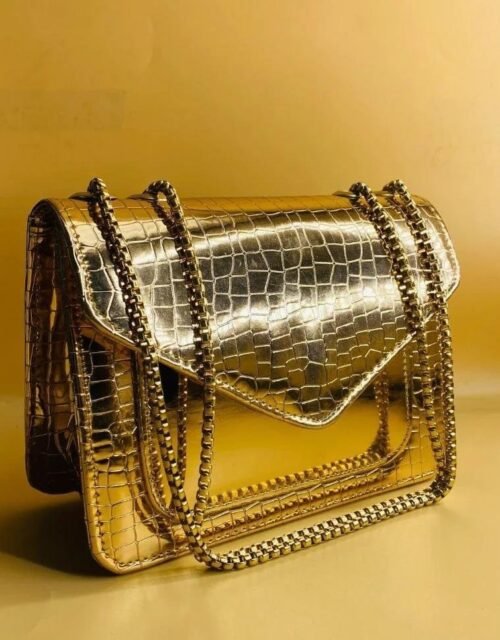 Aurora Gold Croc-Textured Chain Shoulder Bag | Elegant Evening & Party Clutch