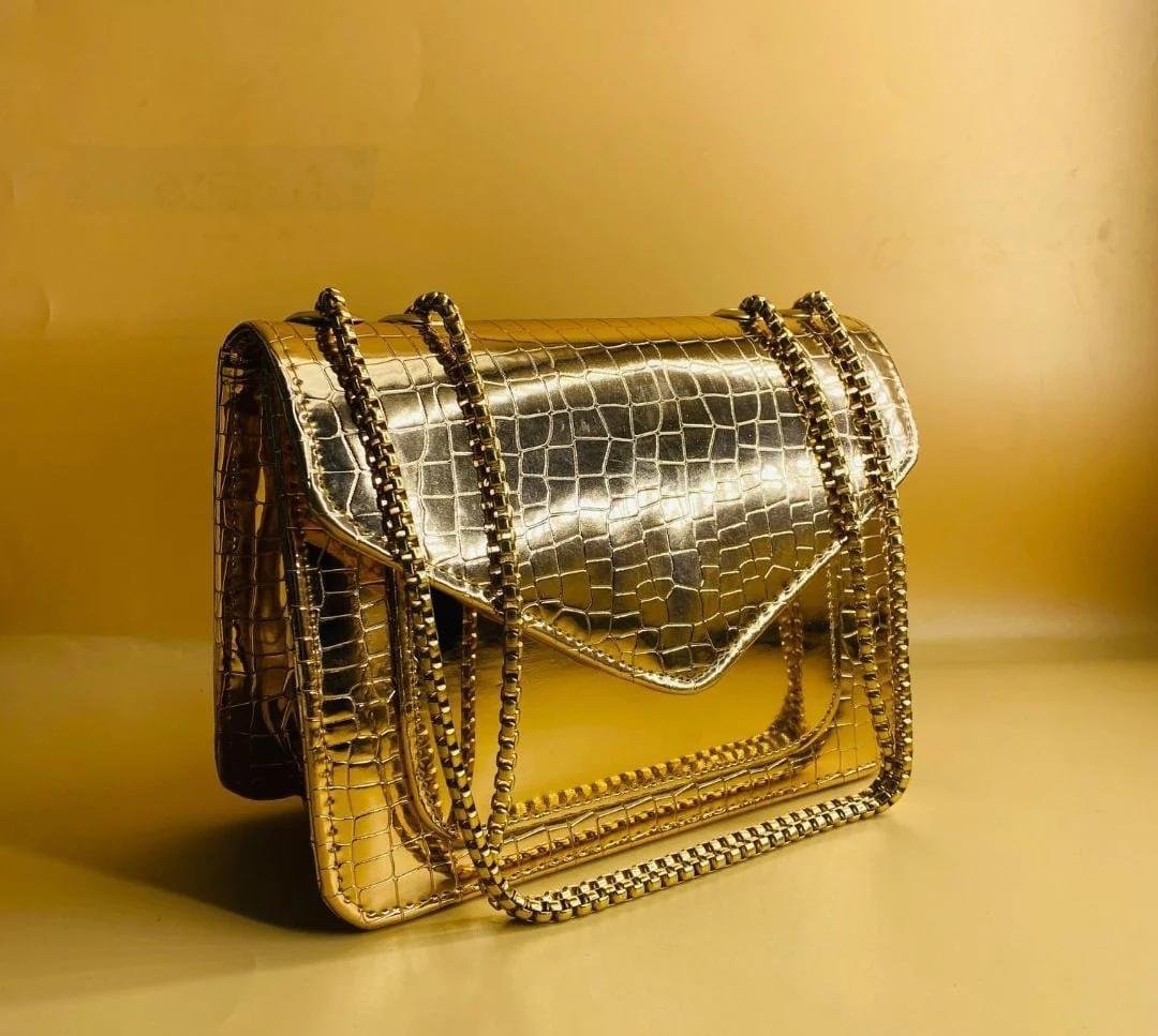 Aurora Gold Croc-Textured Chain Shoulder Bag | Elegant Evening & Party Clutch