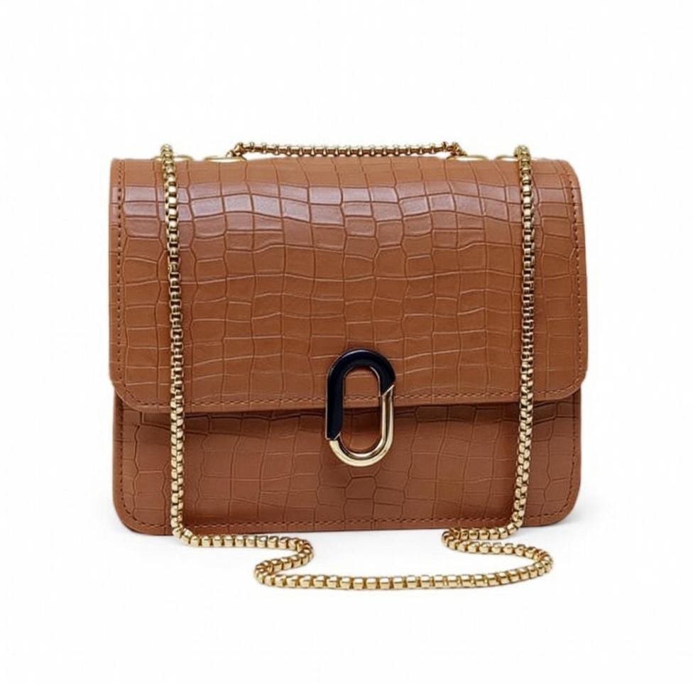 Croc-Textured Chain Shoulder Bag – Camel Brown