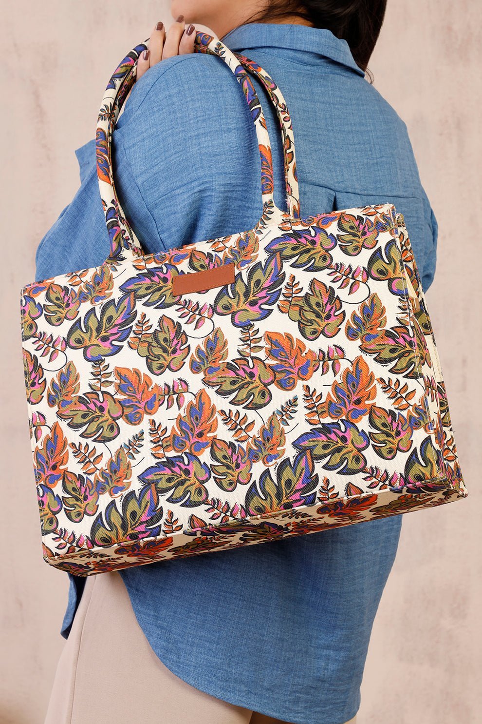 Colorful Leaf Print Canvas Tote Bag | Stylish Large Shoulder Bag for Everyday Use - Image 4
